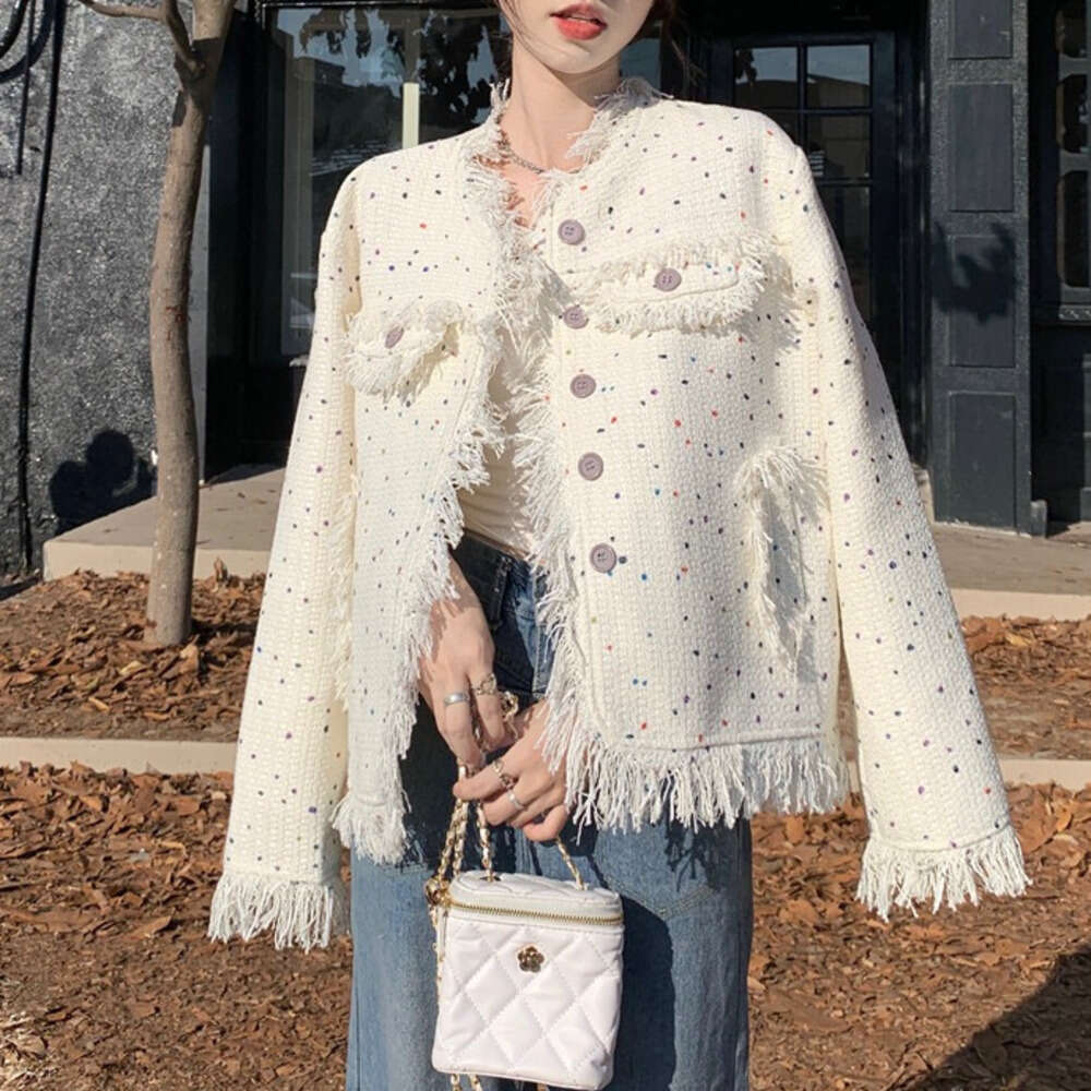 DHEssentials 2024 Season New Small Fragrance Style Women's Jacket Autumn Design Colorful Polka Dot Tassel Loose High-end Long Sleeve Top