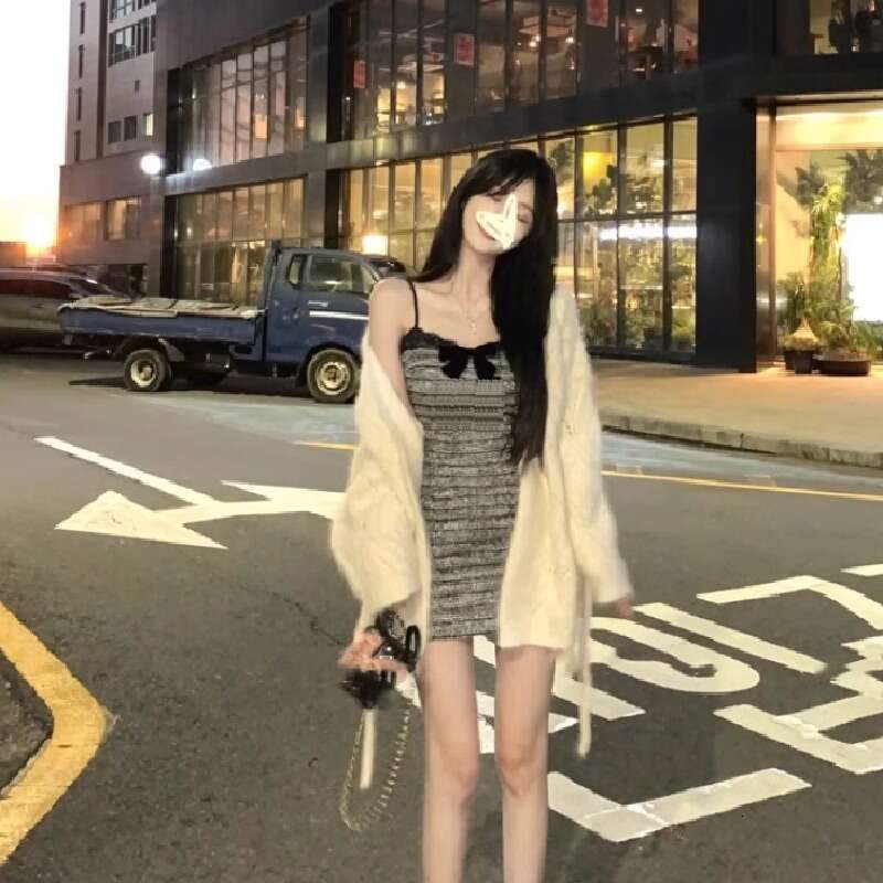 DHEssentials Early Summer French Style Pure Desire Little Fragrance Bow Waist Elegant Inner Wear Bodycon Short Strap Dress