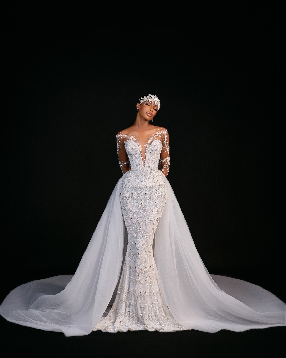 Vintage Mermaid Wedding Dress Crystal Lace Beaded Bridal Gowns Sheer Neck Long Sleeves Detachable Train Dresses Custom Made vestidos de novia