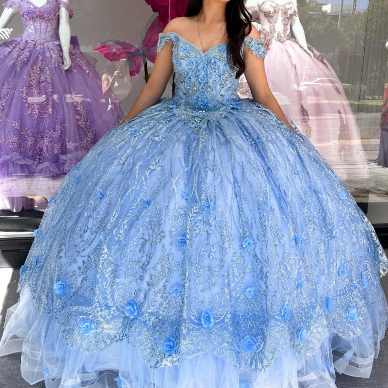 Light Blue Ball Gown Quinceanera Dresses Off The Shoulder Sequin Applique Flower Beads Tull Party Birthday Sweet 16 Dress Vestidos 15 De Anos
