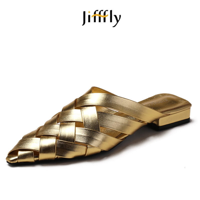 Jifffly Designer Hollowed-out Woven Pointed Tips Slippers Platform Outdoor Beach Sandals For Women Silver Buckle Slipper Fashion Casual Home Flat Sand