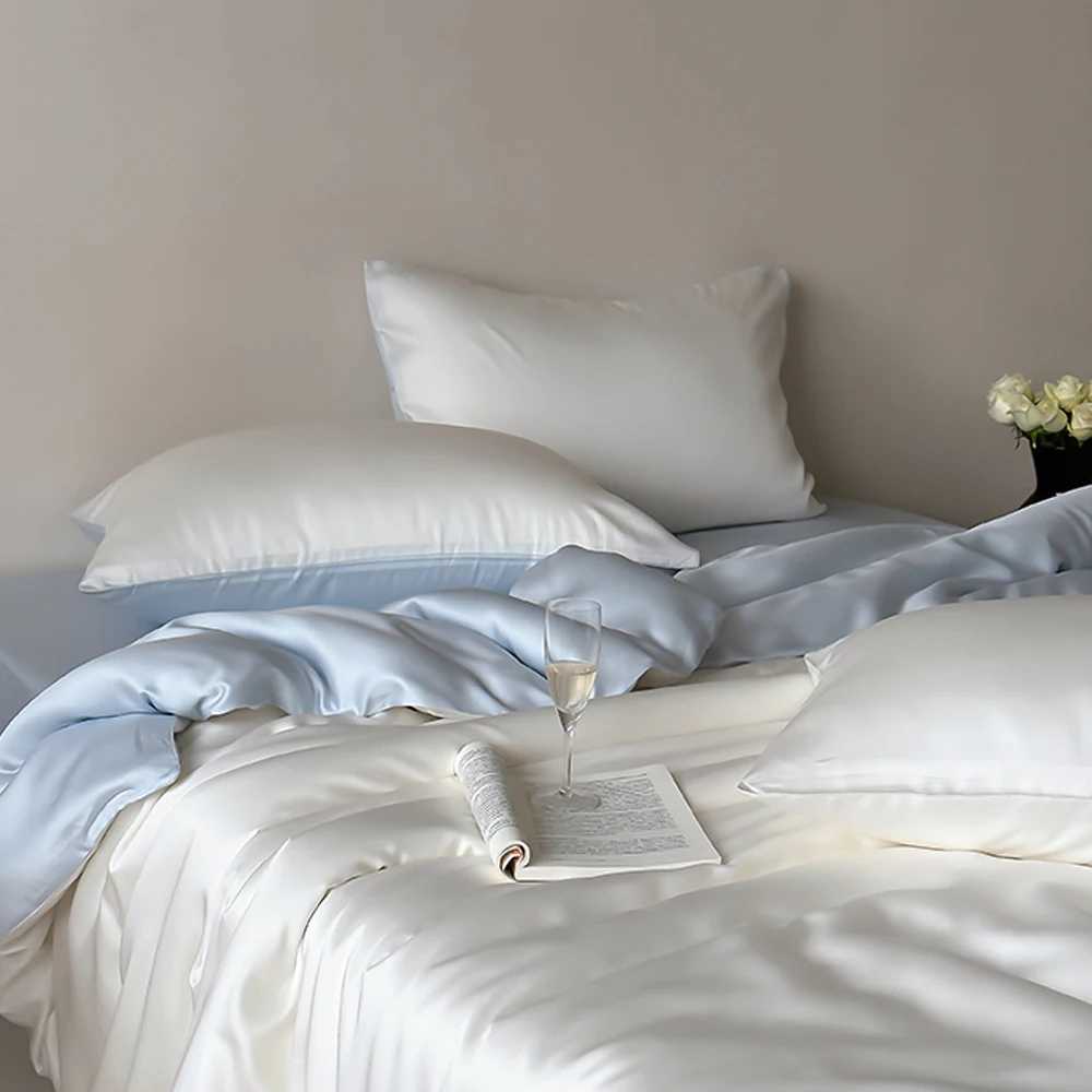 LivEsthete 100 Silk Duvet Cover Set Queen King White Blue Bedding Set Best For Skin Care Flat Sheet Pillowcase Bed Linen C250912