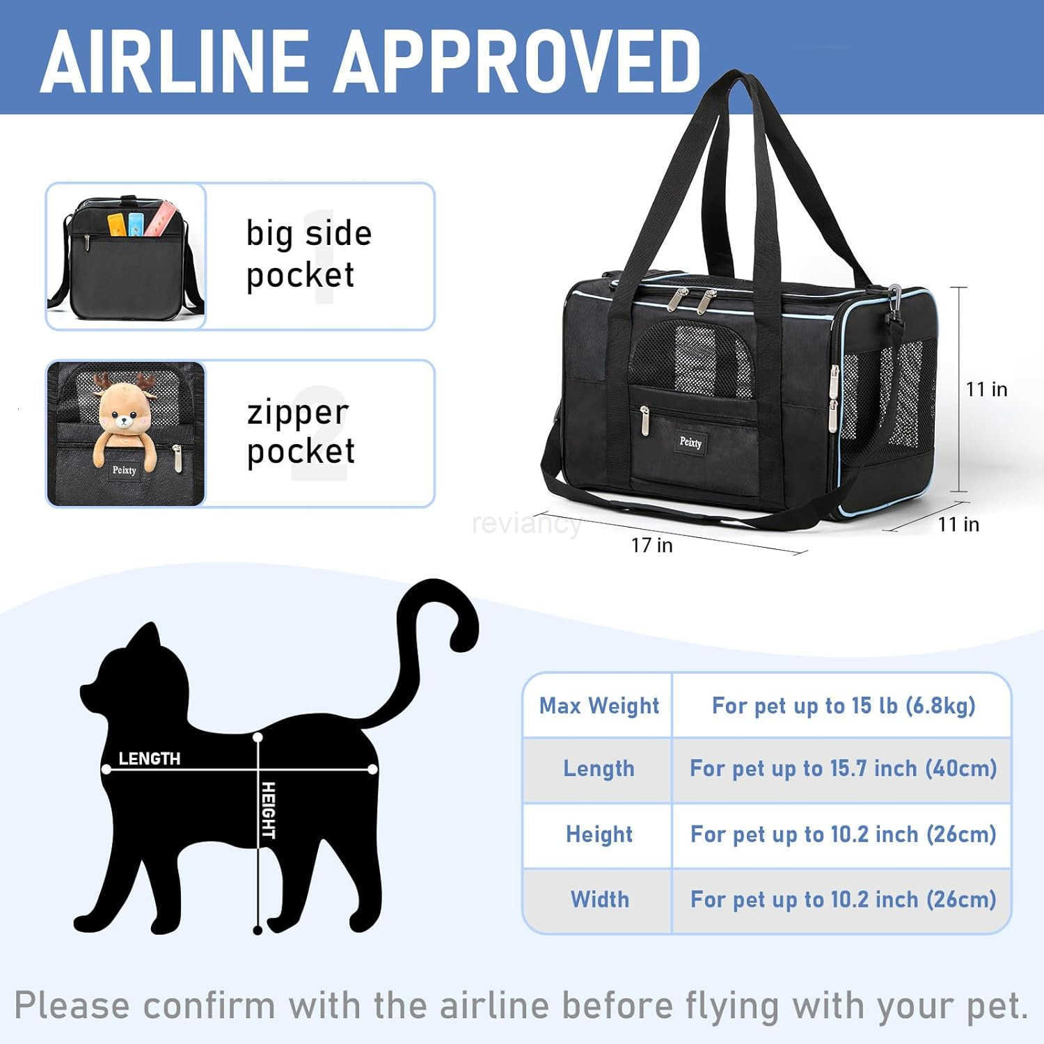 Pet Carrier for CatsSmall Dogs Under 15 Lbs17x11x11 InchesDeltaAmericanUnited Airline Approved Carriers Cats SoftSided CarriersPet Travel Carrier BagW