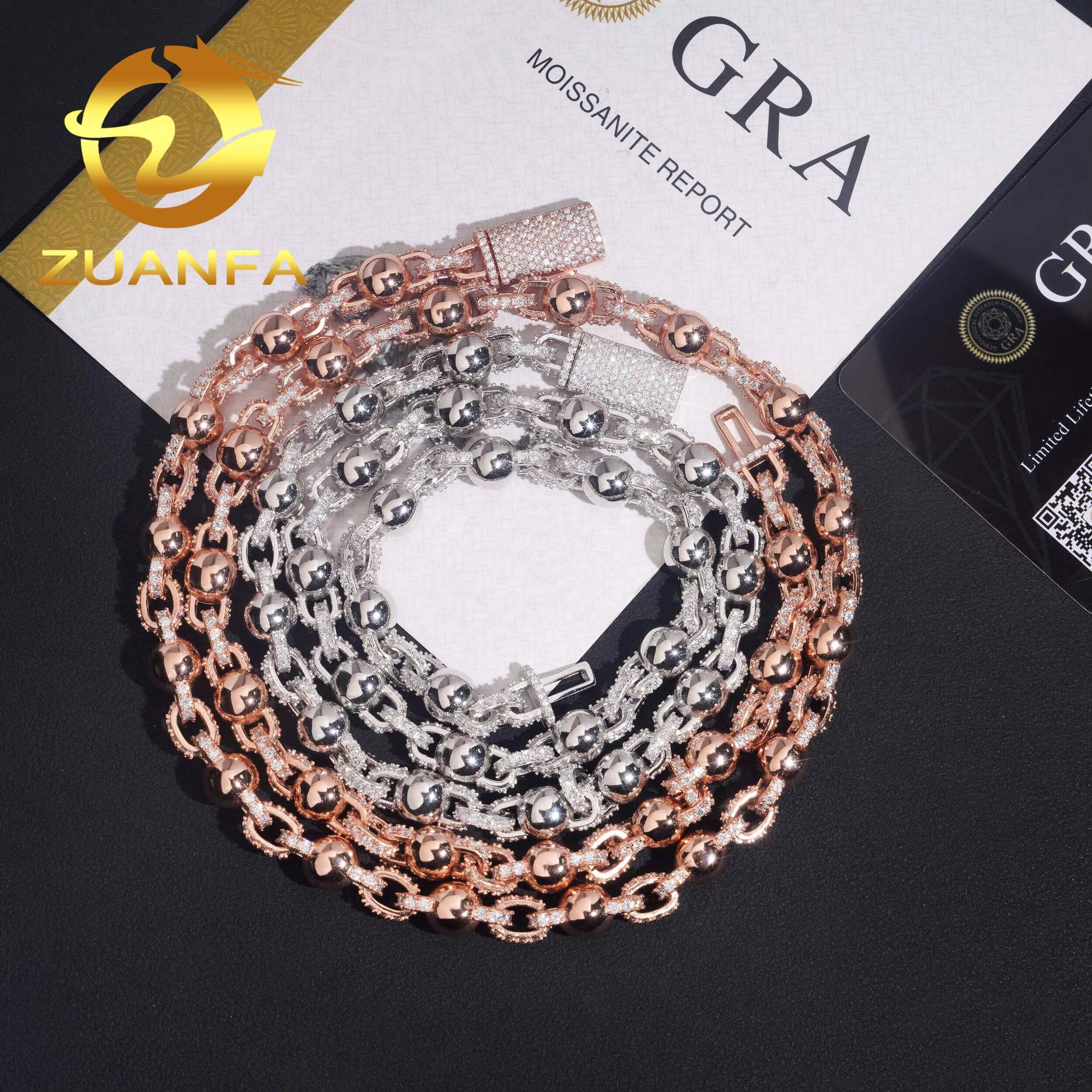 Hot Sale Hip Hop Fine Jewelry 925 Sterling Silver 8mm Ball Iced Out Moissanite Bead Chain Necklace