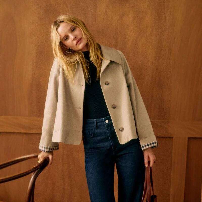 Women 2025 Spring And Summer New Loose Single-Breasted Lapel Short Trench Coat Plaid Inner Contrast Jacket