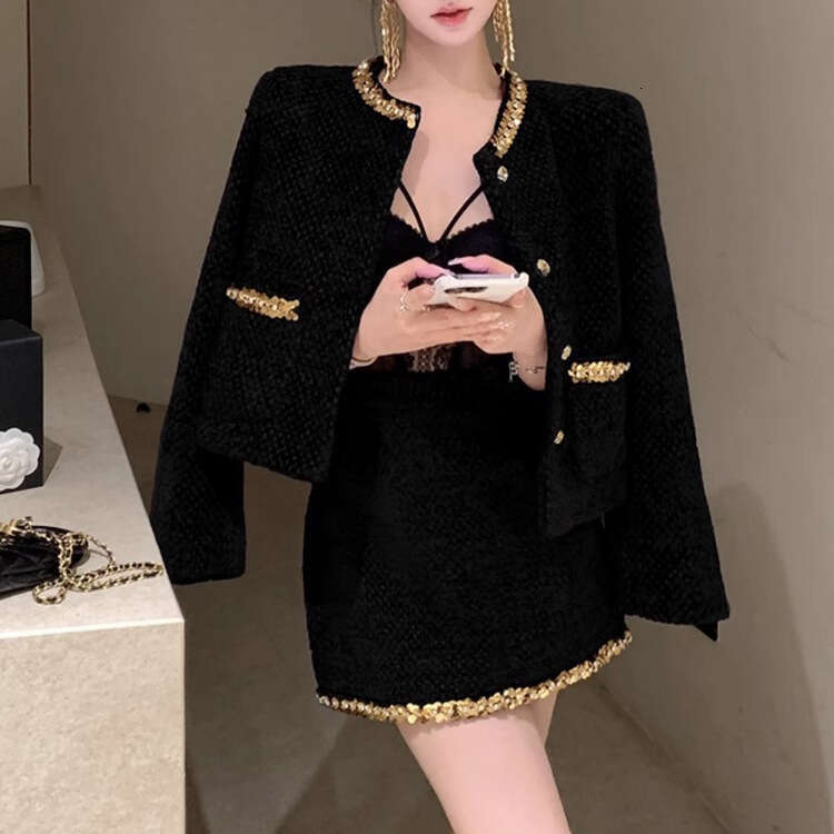 DHEssentials French Rich Lady Socialite Little Chanel Style Set 2025 Autumn Winter New Black Sequin Woolen Blazer for Women