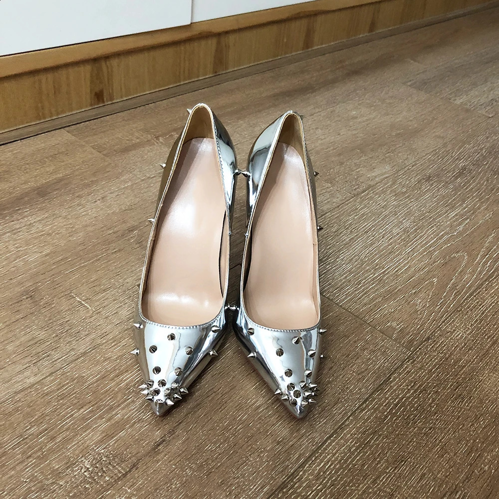 Veowalk Glossy Mirror Silver Women Partial Spikes Pointed Toe Sexy Stiletto Pumps Sparkly High Heel Party Shoes 8cm 10cm 12cm 250911