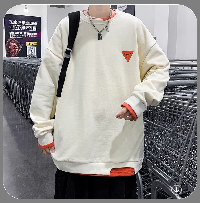 NASA heavy fake two-piece sweater men's spring and autumn new trend loose chest logo round neck long-sleeved bottoming shirt