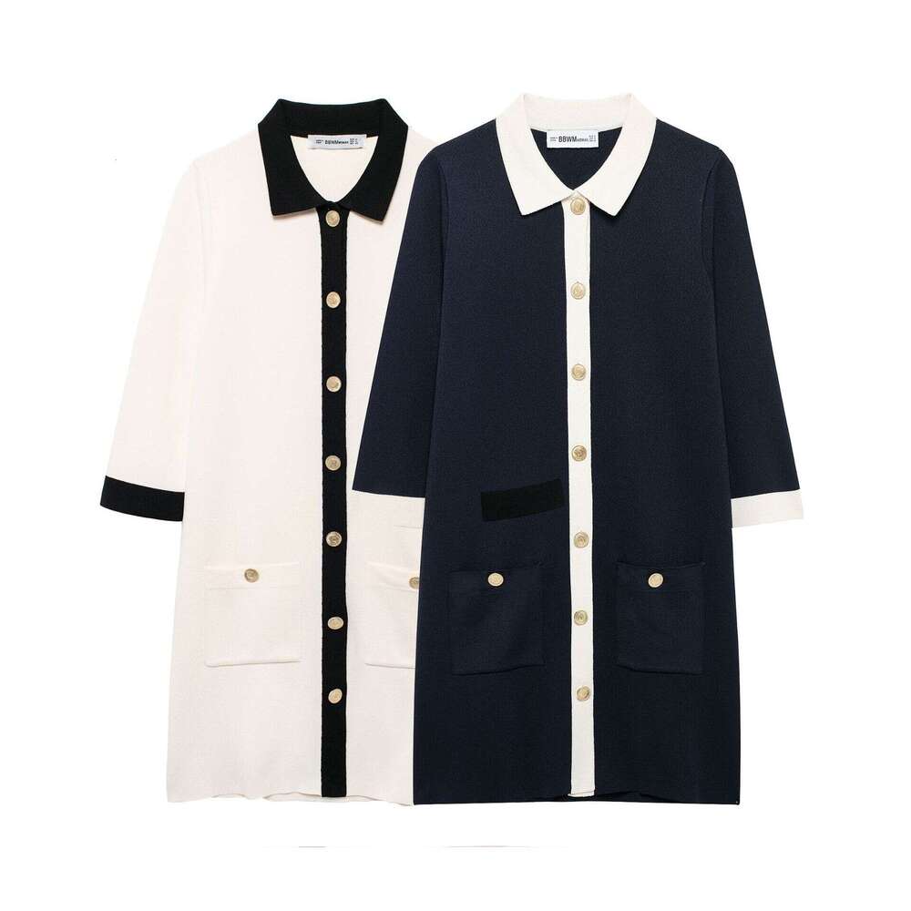 DHEssentials 2025 Summer New Style Little Chanel Black and White Contrast Gold Button Turn-Down Collar Short Sleeve Dress 1822101
