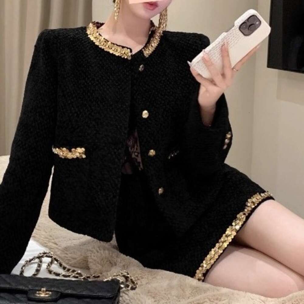 DHEssentials French Rich Lady Socialite Little Chanel Style Set 2025 Autumn Winter New Black Sequin Woolen Blazer for Women