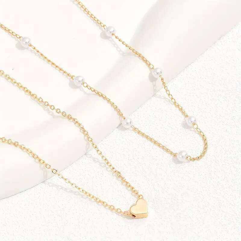 Hot Selling Imitation Pearl Heart Pendant Versatile Collarbone Chain for Women Double Layer Stacking Necklace