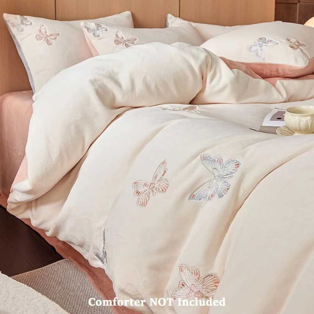 King Size Pink Butterfly Embroidered Fuzzy Duvet Cover Set 3 Piece Bedding with Zippered Closure C250912