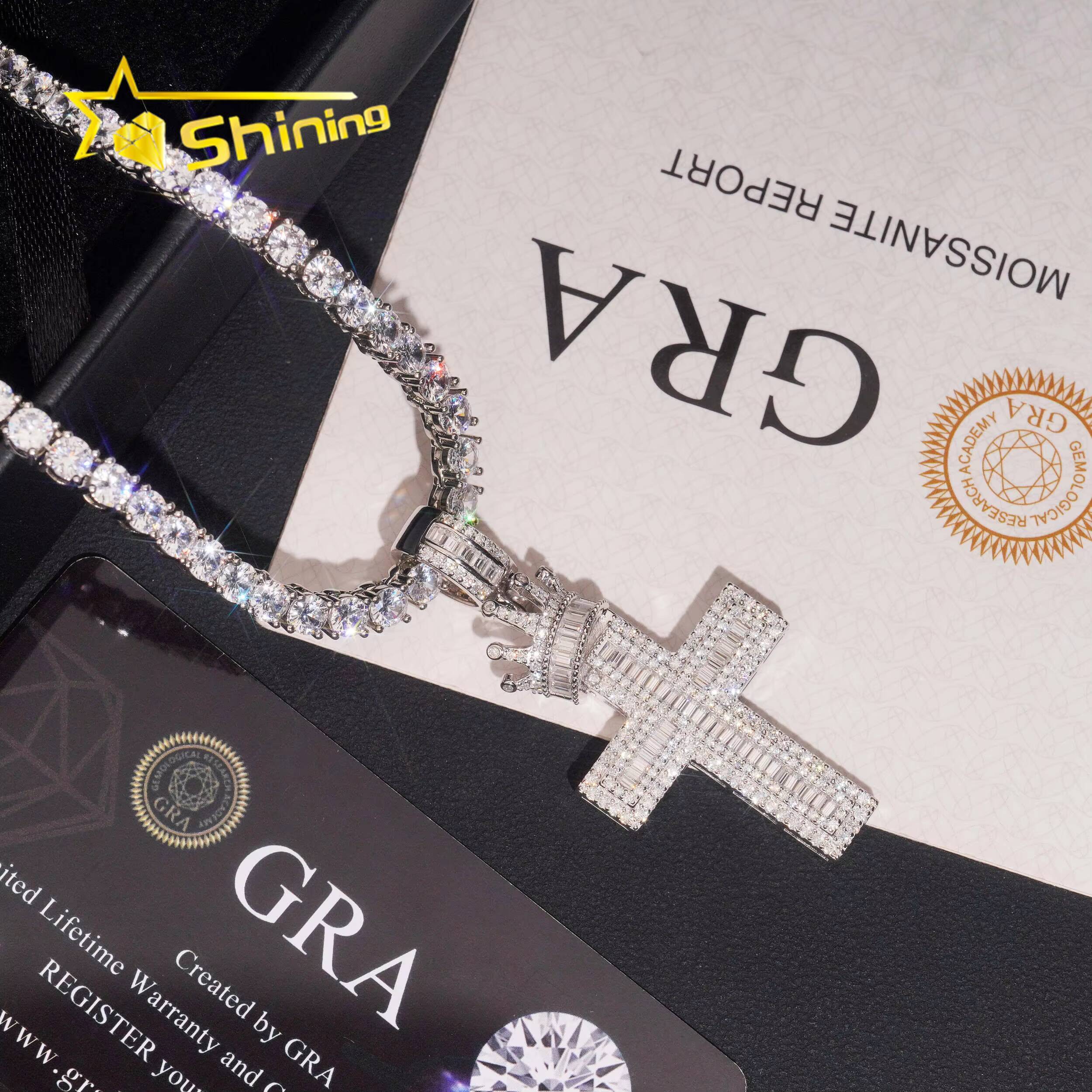 Crown Bail Baugette Moissanite Cross Charm 925 Sterling Silver Gold Plated Iced Out GRA Moissanite Pass Diamond Tester Pendant