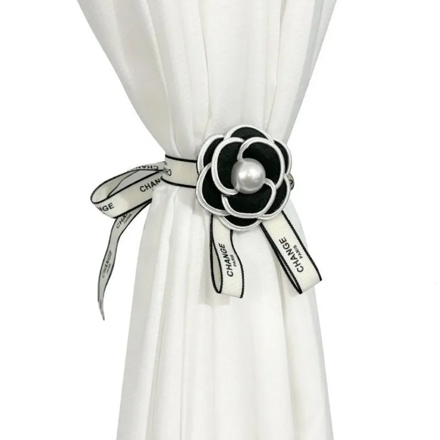 Camellia Flower Pair Set Curtain Tieback Gold Hanging Ball Braid Rope Holdback Window Drape Room Accessories Curtains Holder Buckle Strap
