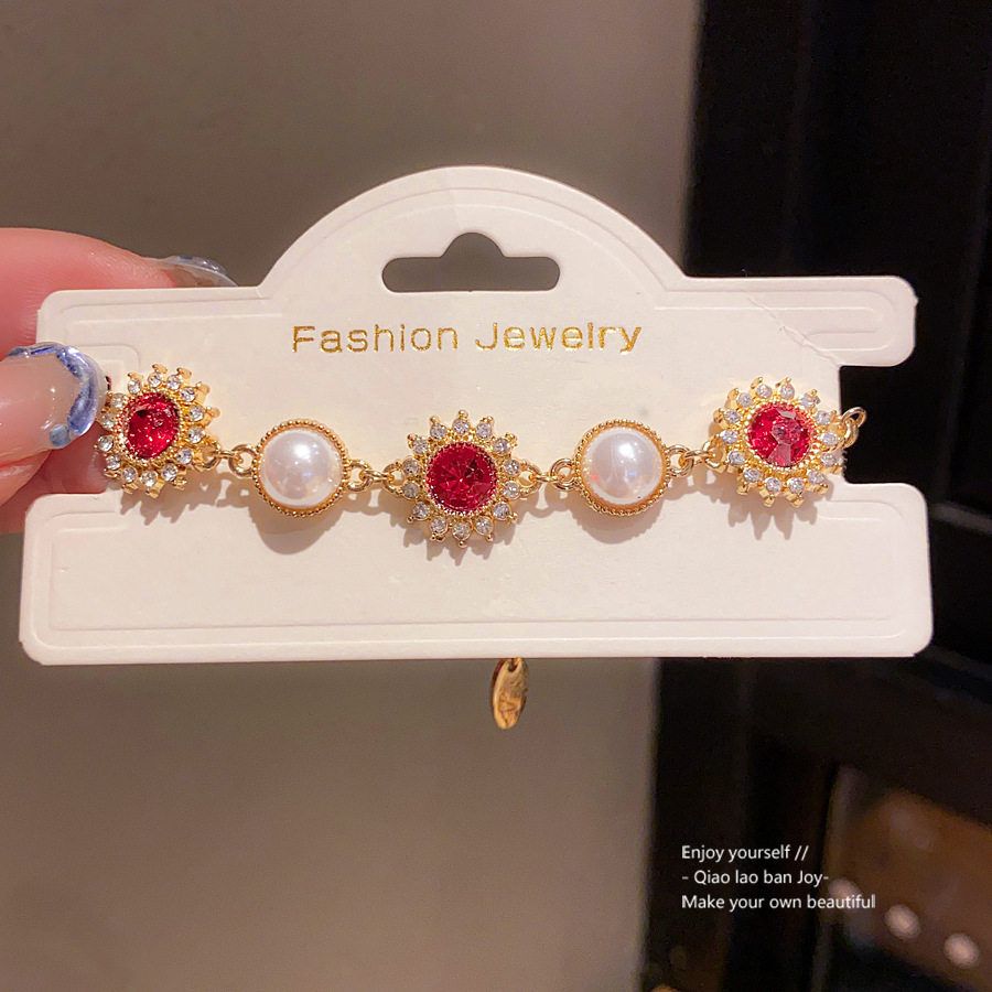 Gold - Toned Bracelet With Pink Gemstone Sunbursts And Pearl Accents Delicate Daily & Elegant Jewelry Gift For Her Vintage - Inspired And Sparkly Acce