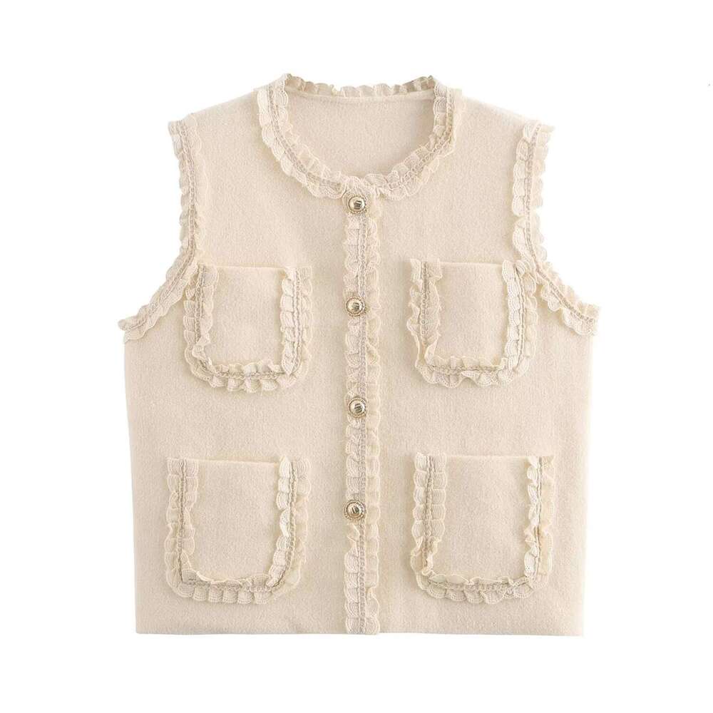DHEssentials 2025 Autumn New French Style Lace Sweet Knitted Sleeveless Cardigan Vest