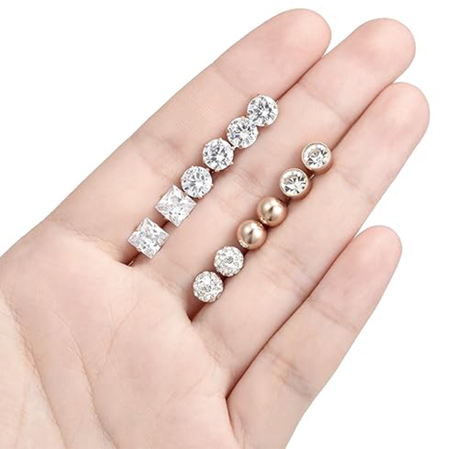6 Pairs Stainless Steel Stud Earrings CZ Ball Earring Set For Men Women 6MM Rose Gold Tone
