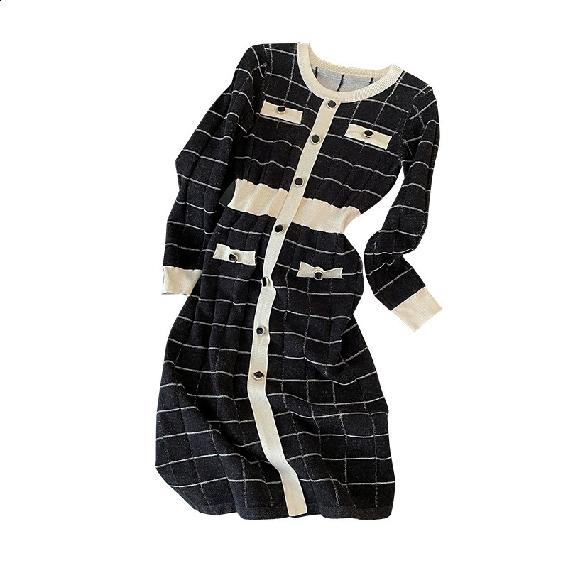 Socialite Elegant Knitted Dress for Women Autumn New Highend Fashion Vneck Slim Sweater Dress
