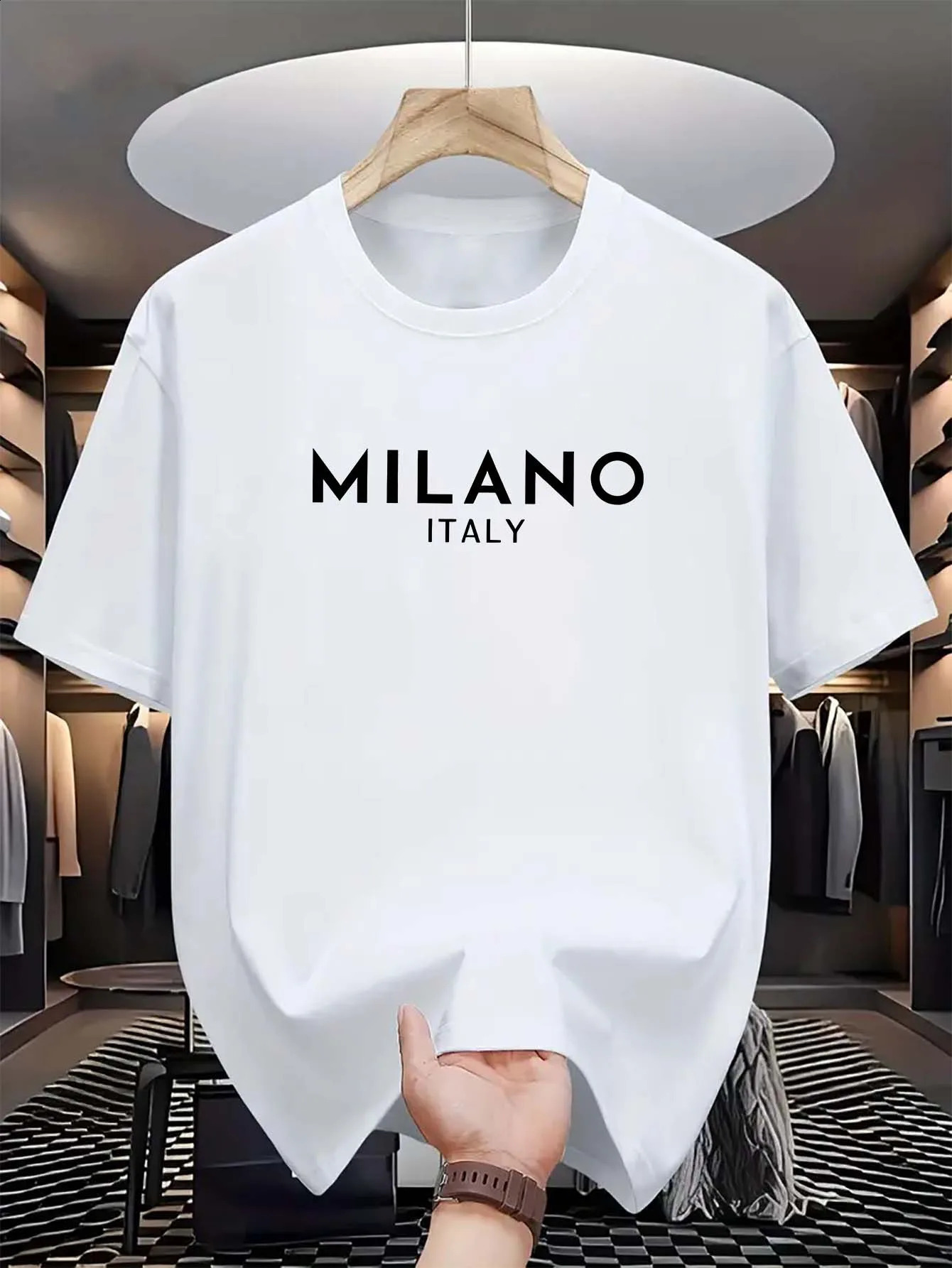 Summer mens 100 pure cotton casual loose and fashionable MILANO ITALY letter printed round neck short sleeved Tshirt top 250912