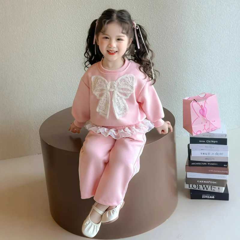 2025Spring New Spring and Autumn Lace Stylish Lace Sweatshirt Casual Girls Sweatpants TwoPiece Set C250912