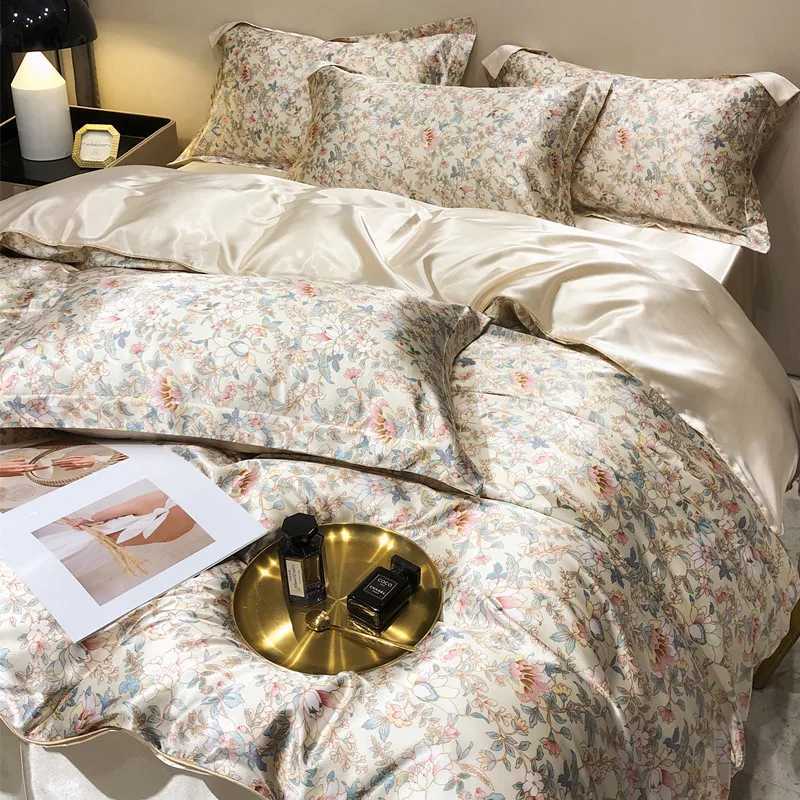 Floral Mulberry Silk Bedding Set with Duvet Cover Bed Sheet Luxury Highend Quilt Cover FittedFlat Bedsheet Double Queen Size C250912