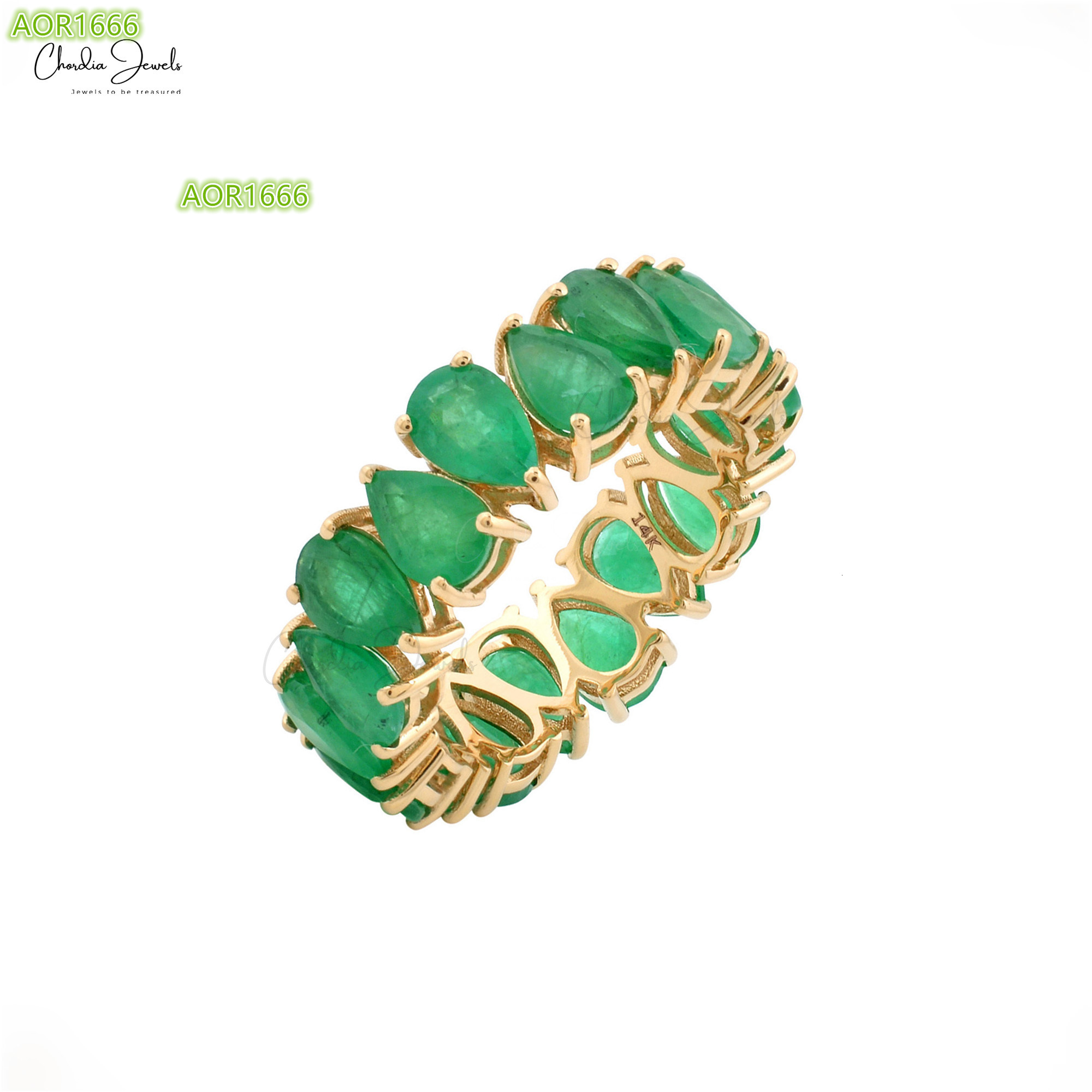 Factory Custom Pear Cut 100 Authentic Emerald Green Gemstone Eternity Band Ring 14k Pure Yellow Gold Rings Jewelry for Women
