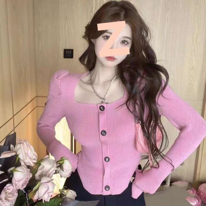 DHEssentials Autumn Winter New Slim Fit Short Top Small Fragrance Style Elegant Square Collar Buttoned Curved Puff Sleeve Knitted Sweater for Women