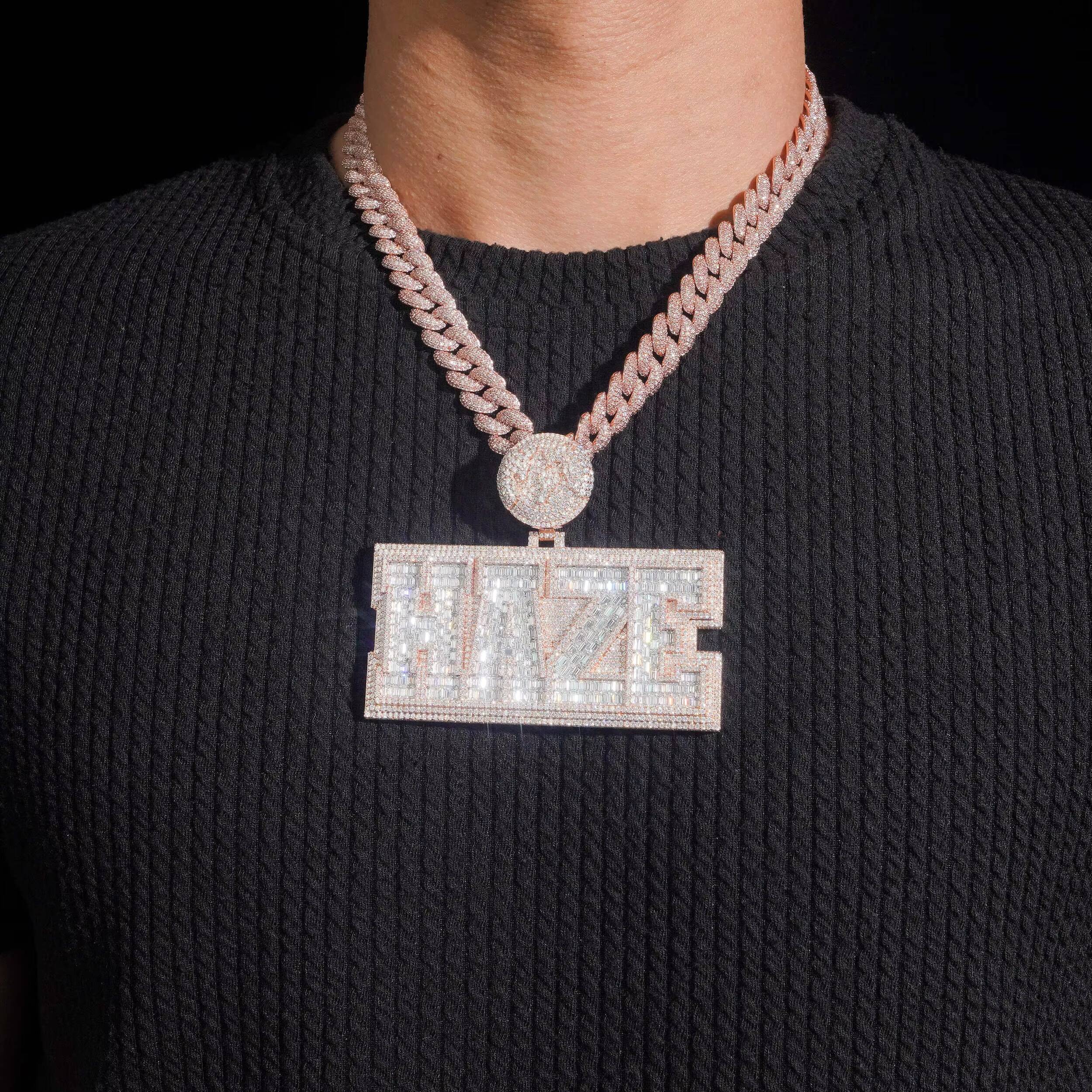 Rose Gold VVS Moissanite Diamond Baguette Name Pendant With Memory Photo on Back