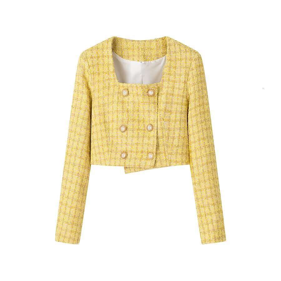 DHEssentials 2025 Spring New French Style Gentle Plaid Double-Breasted Square Collar Long Sleeve Short Coat
