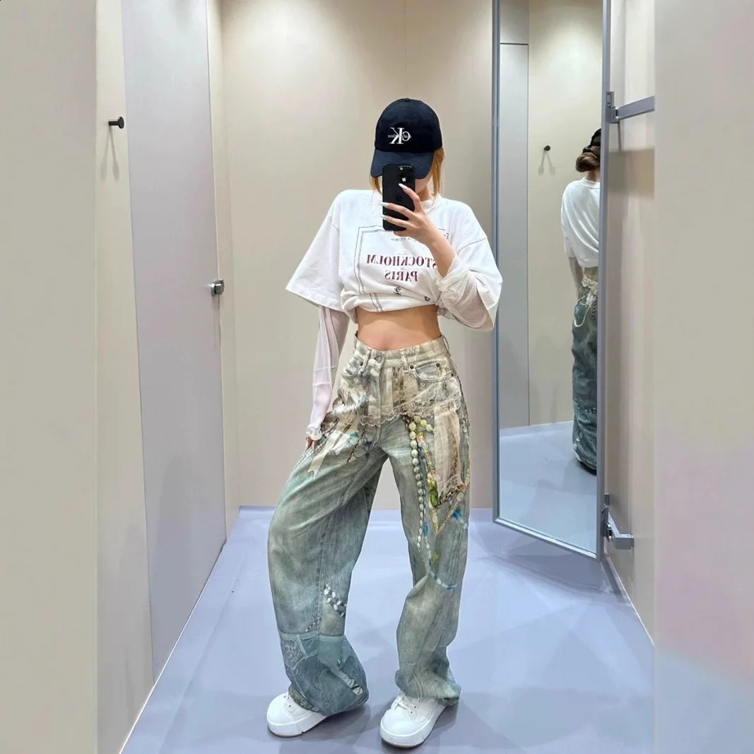 Fashionable Niche 3D Printed Lace Pearl Print Chain Straight Long Pants for Women Fashion Denim Trousers Street Jeans Ladies 250911
