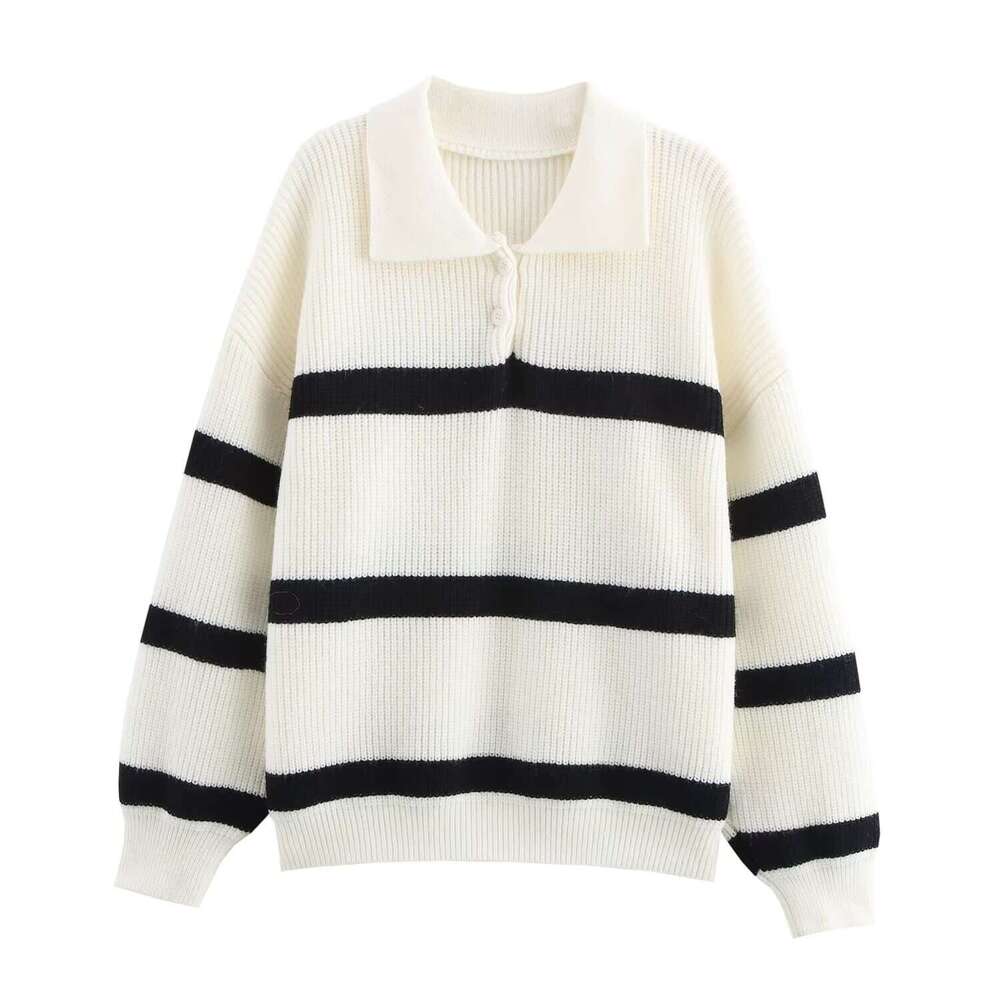DHEssentials 2025 Autumn New French Style Chunky Knit Polo Square Neck Striped Pullover Sweater