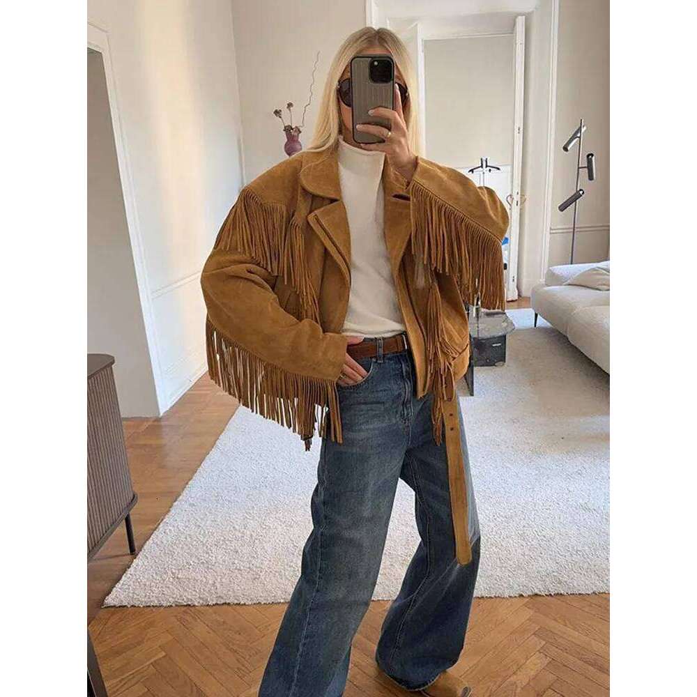 Solid Tassel Suede Leather Jacket Retro Women's Lapel Long Sleeve Short Cropped Coat 2025 Female Motorcycle Street Outwear New