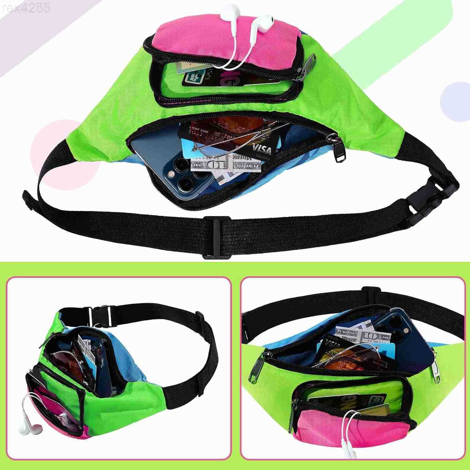 80s Retro Neon Fanny Pack 2 Pockets Belt Bags 90s Costumes for Women Men Waist Packs for Holiday Festival 80s Theme Halloween PartyGreen BottomW250912
