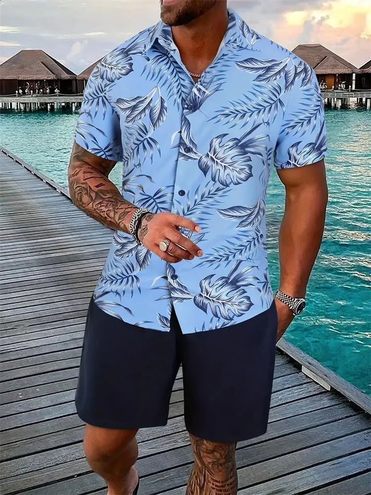Mens Shirt Short Sleeve Shorts Set Elegant Mens Printed Lapel Short Sleeve Summer Casual Beach Street Holiday Clothing 250911