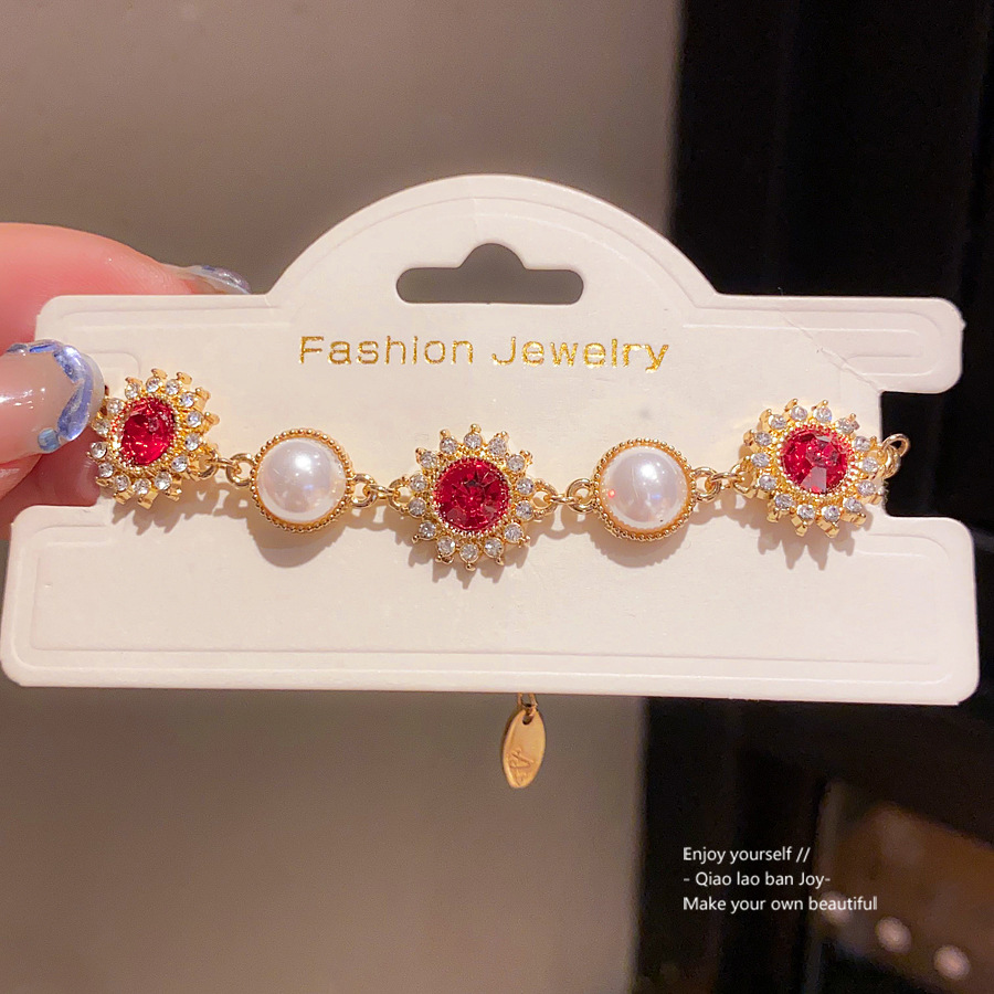 Gold - Toned Bracelet With Pink Gemstone Sunbursts And Pearl Accents Delicate Daily & Elegant Jewelry Gift For Her Vintage - Inspired And Sparkly Acce