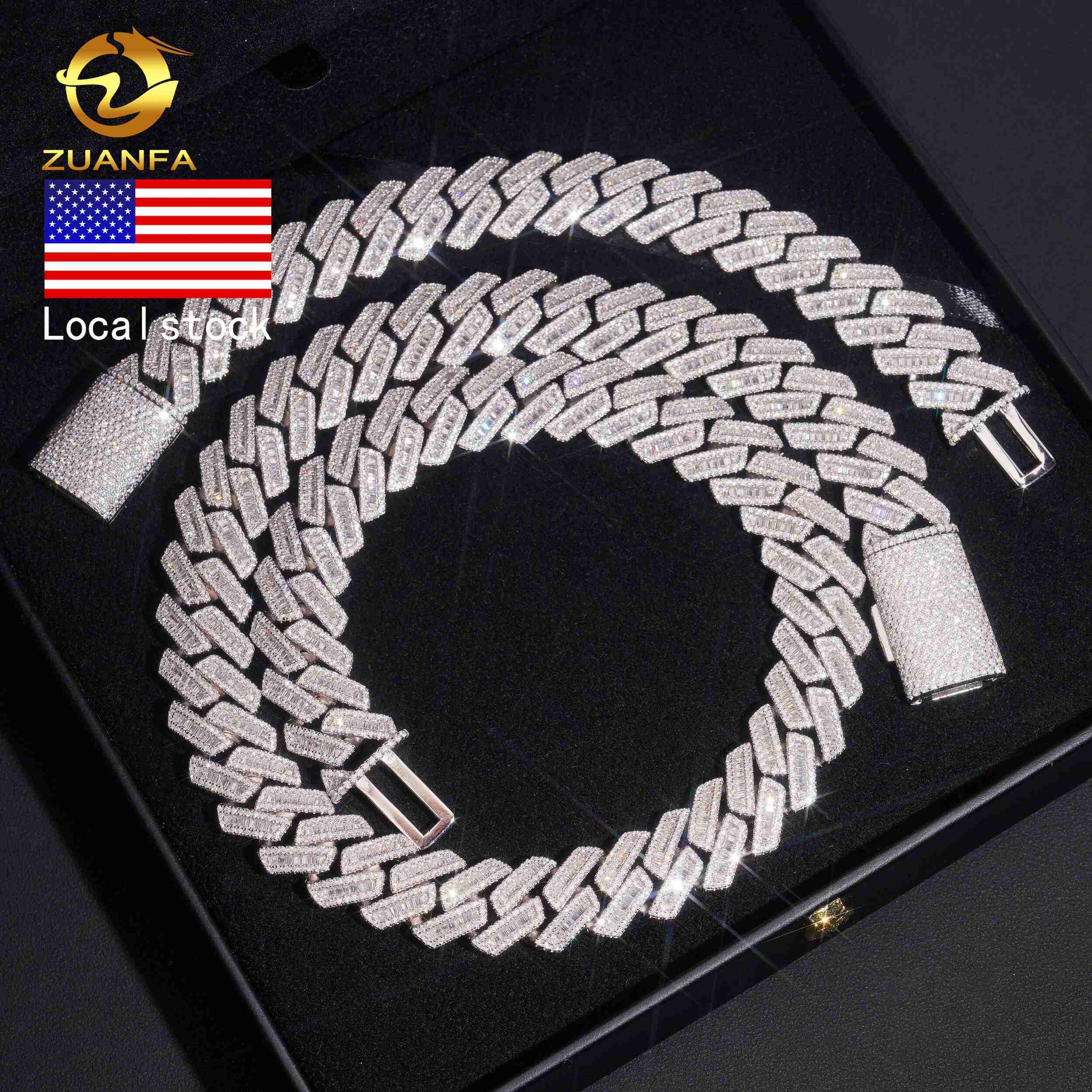 USA Local Stock Fast Shipping18mm Baguette Moissanite Pass Diamond Test 925 Silver Gold Plated Cuban Link Chain