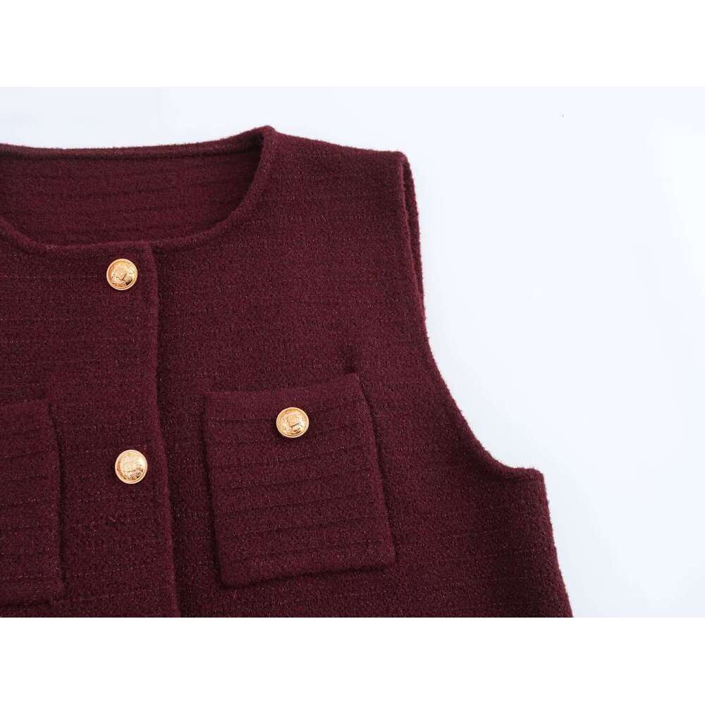 DHEssentials 2025 Autumn New French Style Fashion Gold Thread Pocket Round Neck Single-Breasted Knitted Vest