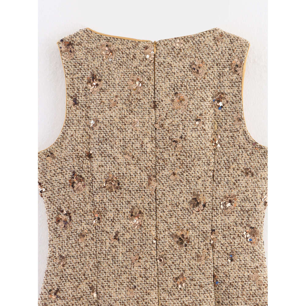 DHEssentials Summer New Women's Fashion Elegant Hollow Out Simple Sleeveless Design Beaded Chanel Style Dress