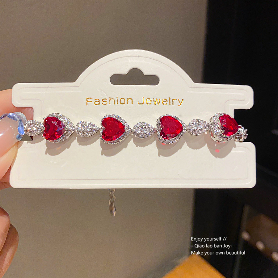 Silver - Toned Bracelet With Red Heart - Shaped Gemstones And Rhinestone Details Delicate Daily & Glamorous Jewelry Gift For Her Luxurious And Eye - C