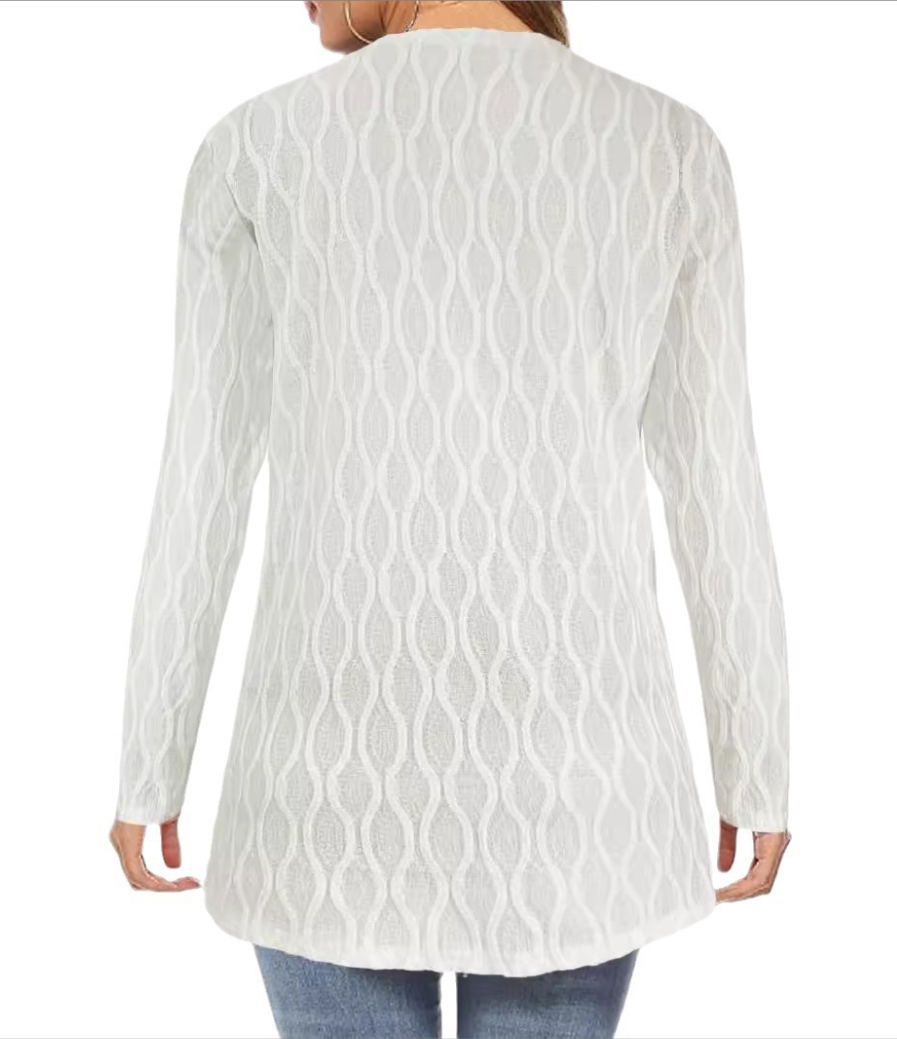 Openwork Solid-Color Homewear Casual Knit Long-Sleeve Cardigan for Commuting