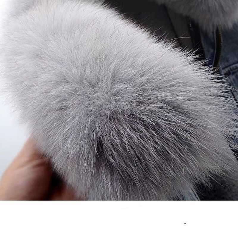 Women's Short Top Party Removable Imitation Fox Rabbit Fur Liner Denim Jacket