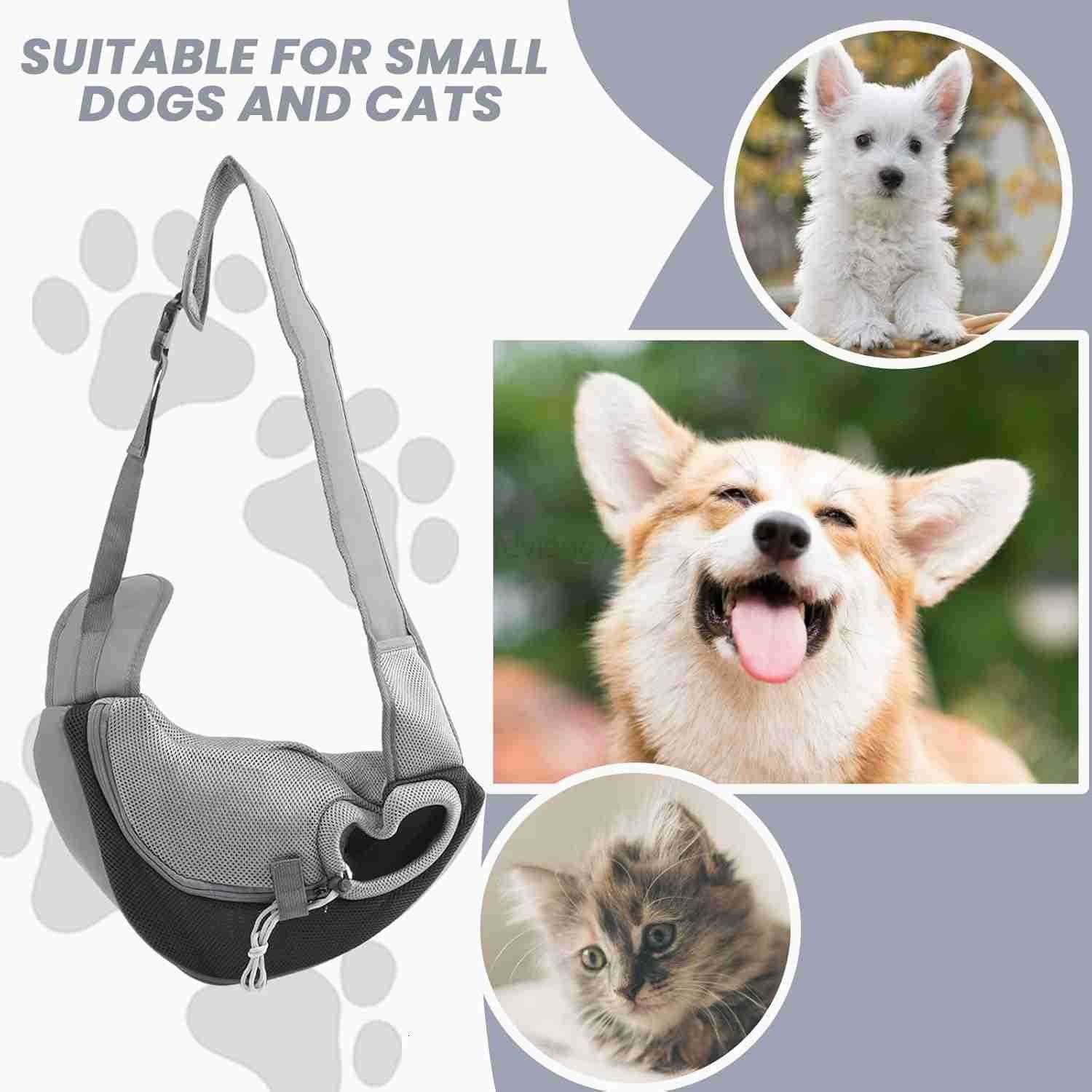 Small Dog Sling Carrier Mesh Adjustable Pet Sling Carrier Zipper Pocket Breathable Hand Free for Small Medium Dogs Cats Outdoor Travel up to 5 poundsW