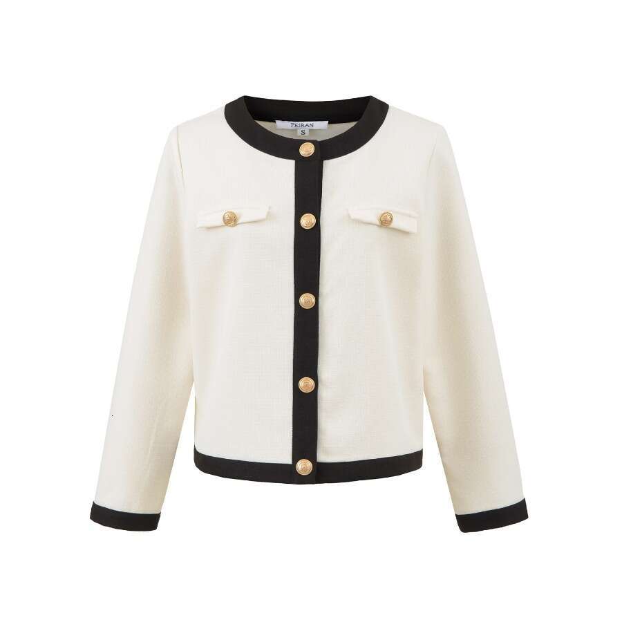 DHEssentials 2025 Autumn New Small Fragrance Style Youthful Short Single-Breasted Color-Block Women's Long Sleeve Jacket Black