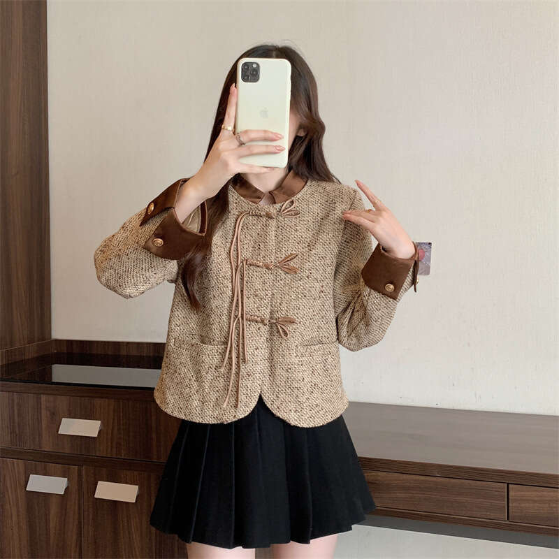 DHEssentials Lined Original Quality New Chinese Button Patchwork Chanel Style Short Jacket for Women Fashion