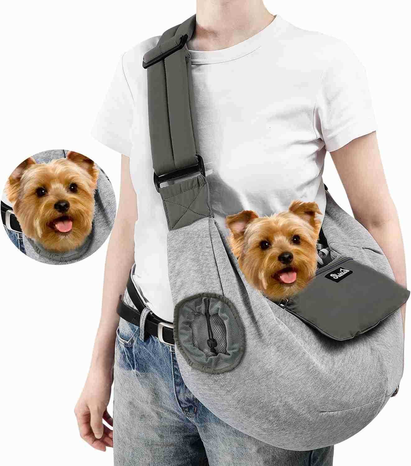 Dog Slings for Small Dogs Adjustable Breathable Puppy Sling with Window Pet Purse with Storage Pocket Safety Leash Fits for Small Dogs Cat up to 12lbs