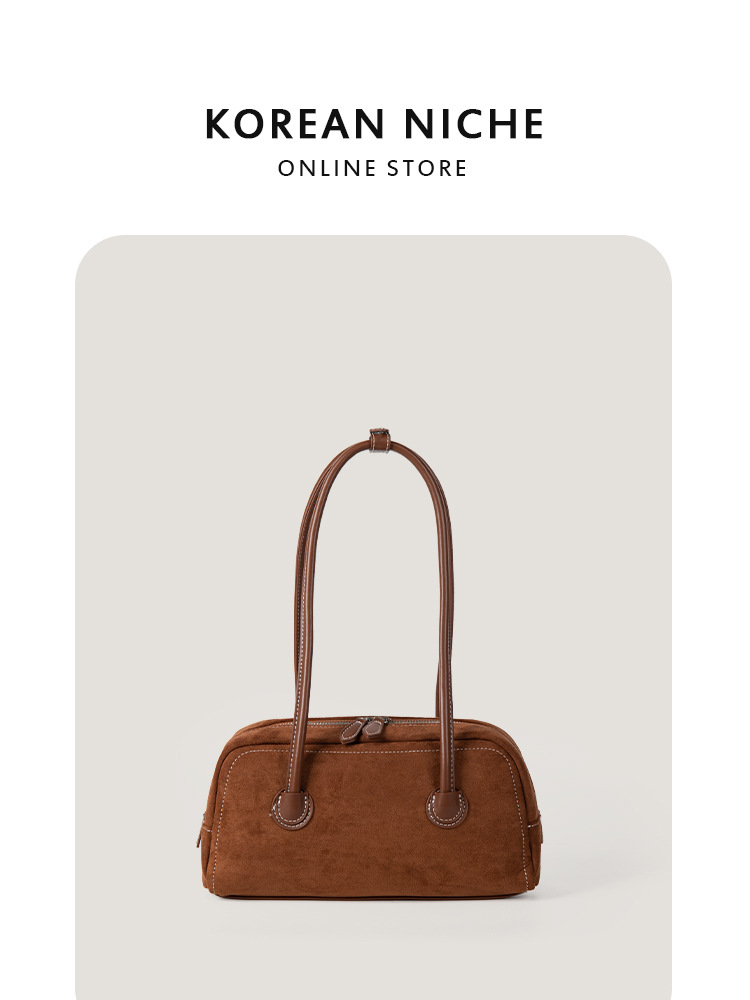 2025 Autumn/Winter New Korean Niche Texture Suede One-Shoulder for Women Retro Minimalist Handbag Boston Bag