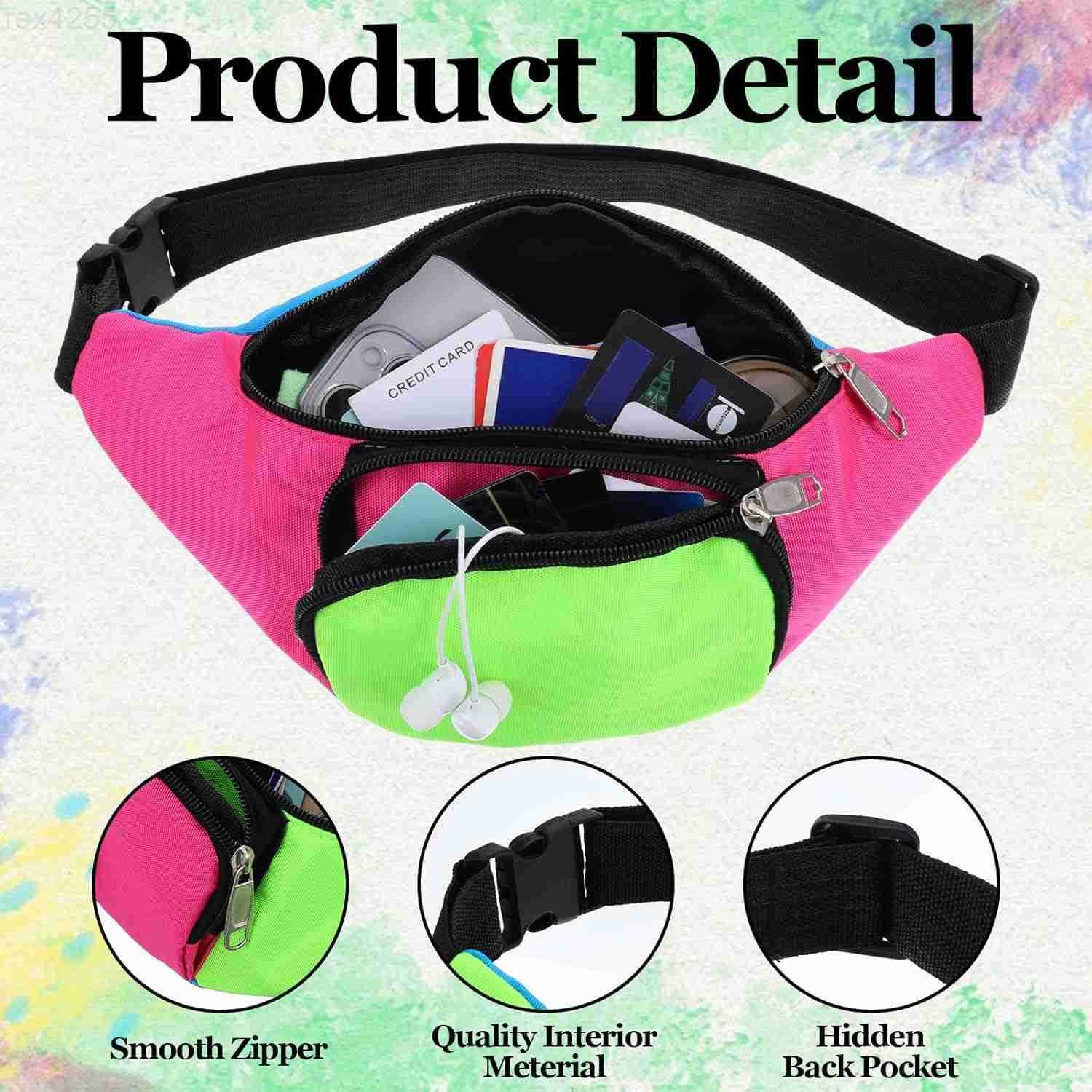 80s Neon Rave Fanny Pack with 2 Pockets Retro Belt Bag Waist Packs for Women Men Color blocked 80s Accessories Plus Size Belt Bag for Jogging Travelin