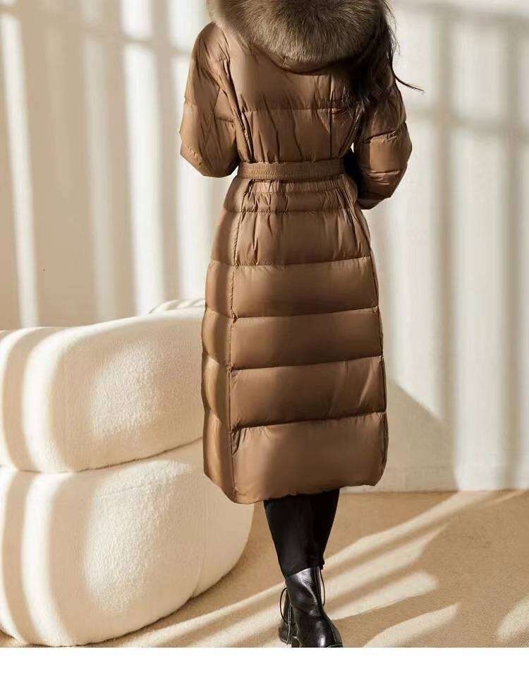 Women's Coat New Mid-Length Down Jacket With Hood, Large Fur Collar, Fox Over Knee, Waist, Thickened A Version