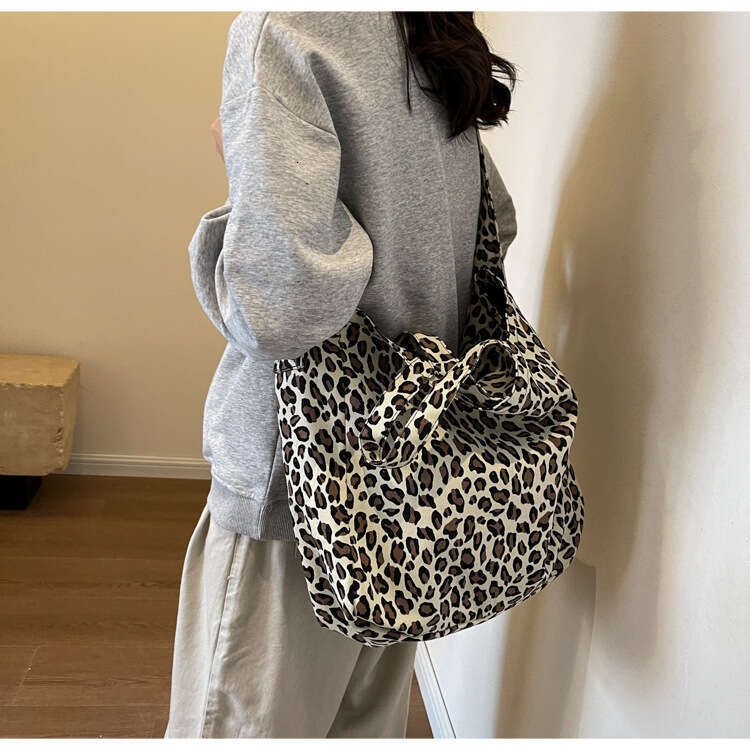 Niche Leopard Print Canvas Tote for Women, Casual Designer Bags Large Capacity Fashion Handbag, Korean Style Trendy Single Shoulder Crossbody Bag