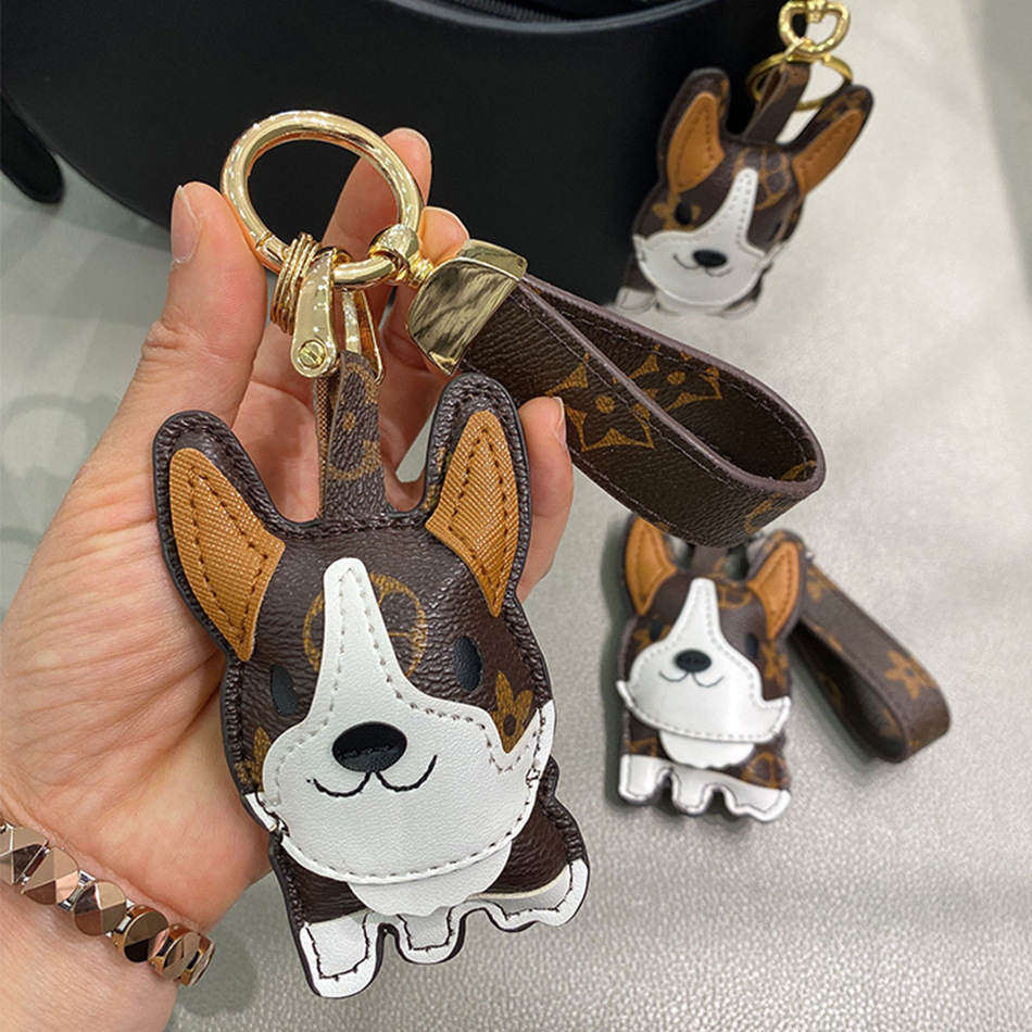 cartoon little corgi leather dog car keychain ring men's bags cute decoration figurine for women